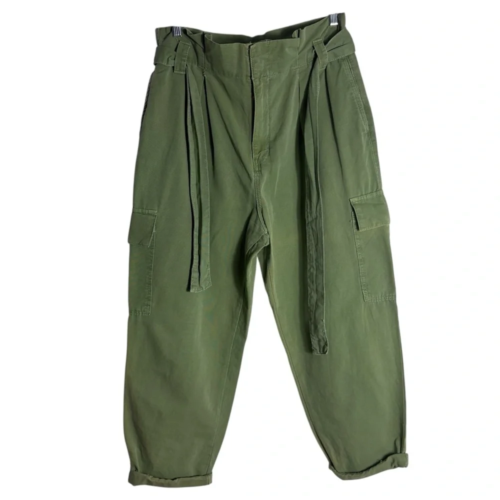 ZARA Paperbag High Waist Belted Cargo Pants in Army Green Size Large — WOW!!!